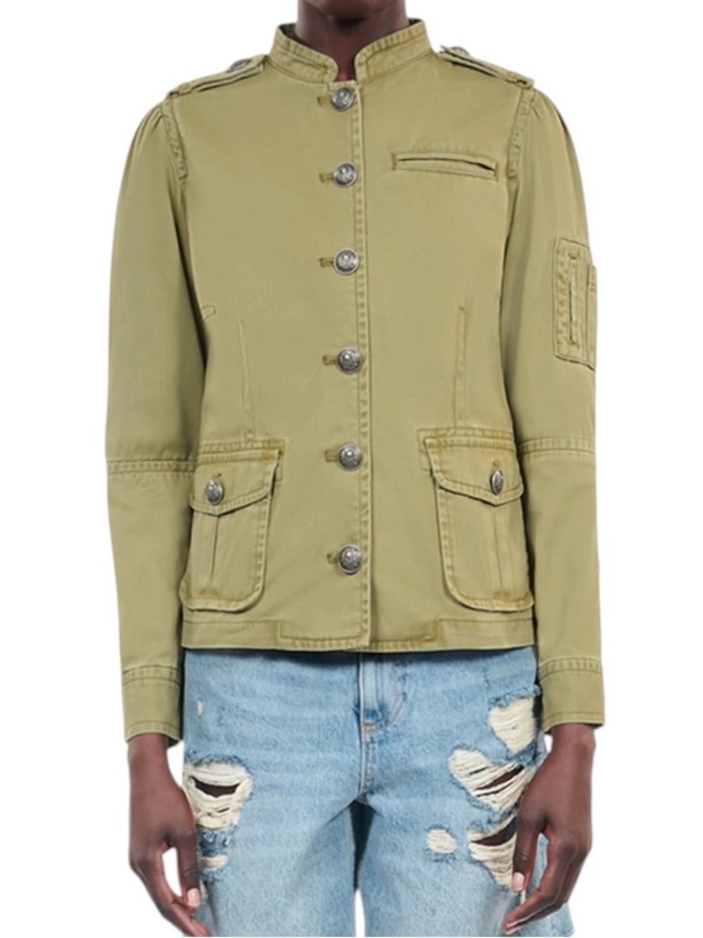 The Kooples Military Cotton Twill Stand Collar Embossed Button-Up Utility Jacket